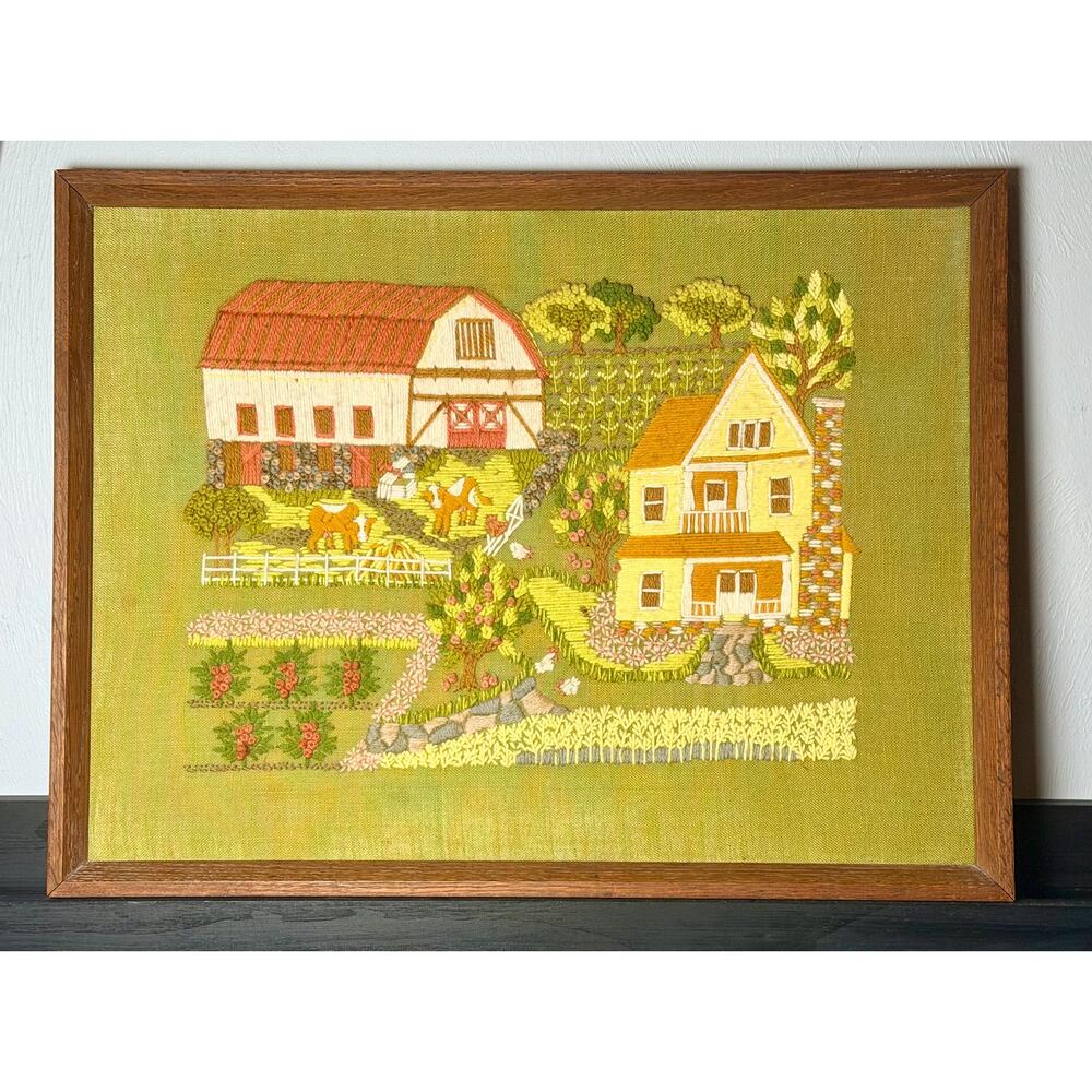 1970s Crewel Embroidery Farmhouse Wall Art – Avocado Green Fiber Art (Framed) - Picture 8 of 12